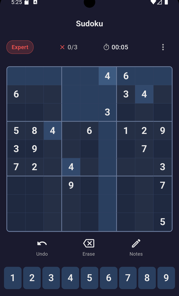 An Expert Sudoku puzzle in Sudoku Dark with sparse, unevenly distributed clues